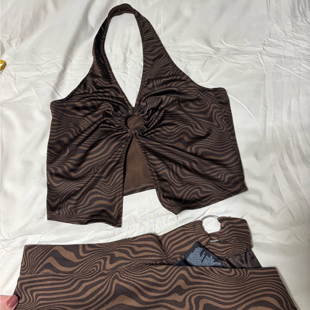 H&M Brown Patterned Top and Skirt Set